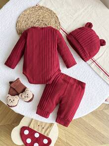 3件套男婴可爱小熊印花按扣裆长袖连体衣、松紧腰红色裤子+可爱帽子，舒适秋冬套装 - 紅色 - 查看 2