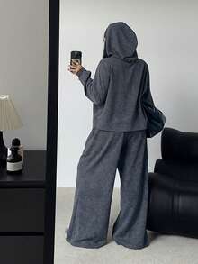 POPSWAY Bộ 2 món áo hoodie dài tay giặt axit phong cách đường phố thường ngày cỡ lớn dành cho nữ và quần rút dây - Nhiều màu - Xem 2