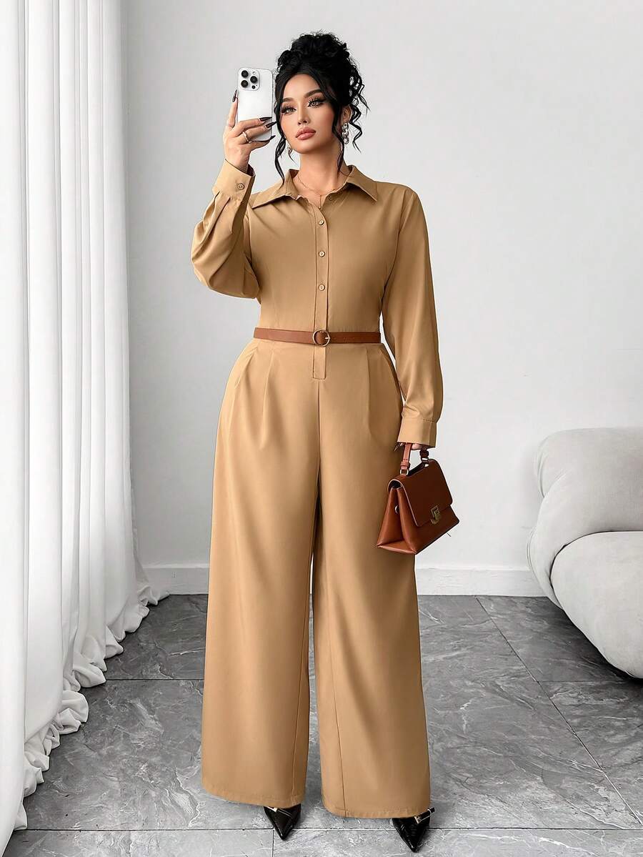SHEIN Elenzya Casual Loose Jumpsuit With Pleated Design - Khaki - View 1