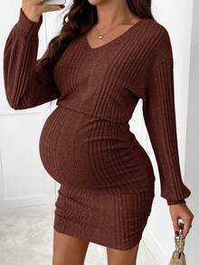 SHEIN Vestido casual de maternidade liso, cor sólida, decote em V, ombros caídos, mangas compridas e modelagem canelada. - Castanho - Ver 7