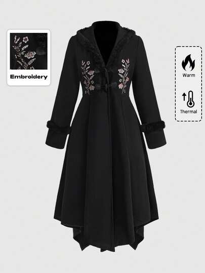 Gothic Thorny Jungle Floral & Butterfly Embroidered Asymmetrical Hem Fitted Fur Collar Button Down Long Black Coat, Floral & Butterfly Embroidered Plus Size Black Long Coat/Winter