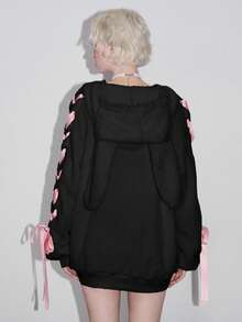 ROMWE Kawaii Áo nỉ nữ kiểu dáng nơ tai thỏ, viền ren, có nơ. - màu đen - Xem 2