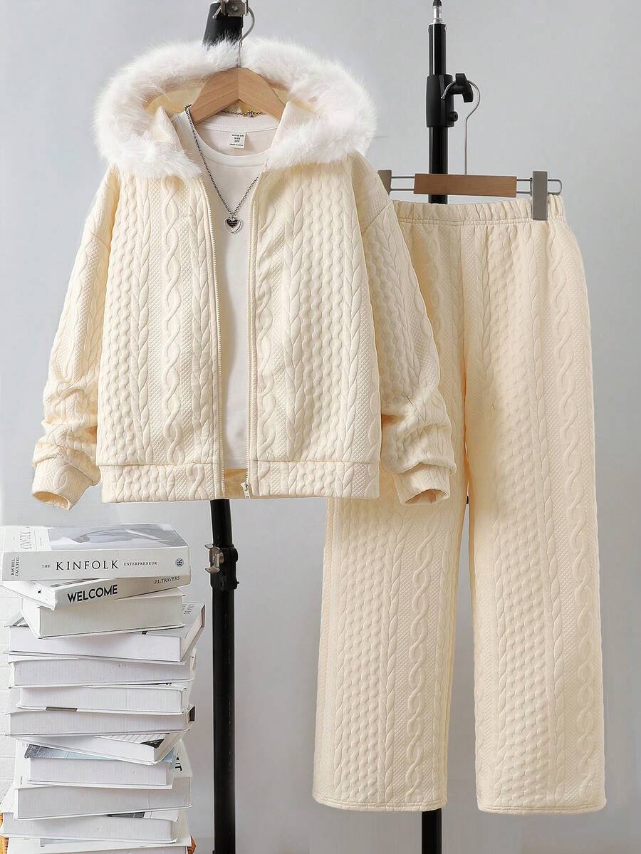 SHEIN 少女提花针织连帽开衫和宽松长裤两件套 - 米色 - 查看 1