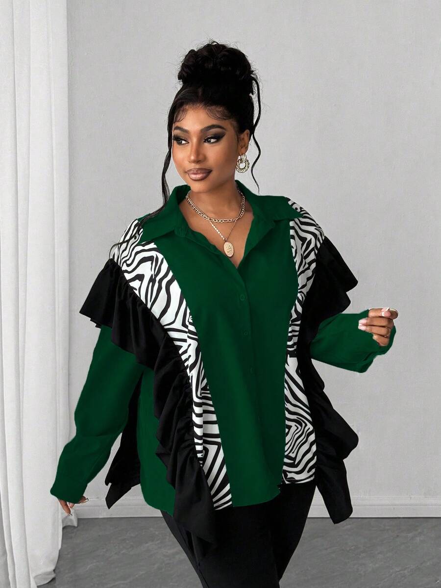 Maweii Plus Size Women's Patchwork Zebra Print Ruffle Hem Loose Fashion Blouse - Green - View 1