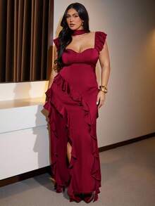 SHEIN BAE 大码女式酒红色荷叶边下摆开衩连衣裙，优雅连衣裙 - 酒紅色 - 查看 5