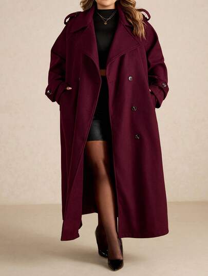 SHEIN CURVE+ Plus Size Women's Burgundy Long Sleeved Simple Front Button Long Jacket, Casual Daily Wear Retro Burgundy Long Wool Jacket, Winter Warm Thick Hollow Clothing Thanksgiving Women's Clothing Halloween Women's Clothing Winter Long Women's Jacket Christmas Women's Clothing Windbreaker Women's Jacket Autumn Women's Clothing