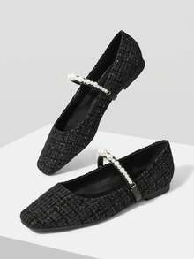 MOTF PREMIUM 粗花呢仿珍珠平底鞋 - 黑色 - 查看 4