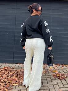 NegzBox Fall Women Clothes Old Money Autumn  Sweaters Pant Women's Solid Color Cable Knit Casual Loose Sweater Pants White Wide Leg Pants Cable Knit Pants Wide Leg Knit Pants - White - View 2