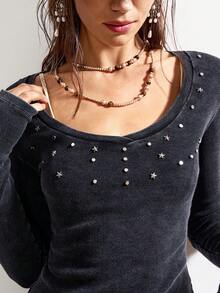 Bohemela 女士休闲纯色V领长袖修身水洗T恤 - 深灰色 - 查看 2