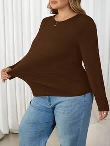 SHEIN CURVE+ 加大码冬季加厚圆领修身长袖保暖T恤，休闲日常假日穿着 - 棕色 - 查看 6