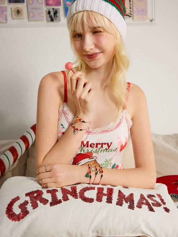 Y2Kool 5pcs Christmas Santa Claus & Snowflake Shaped Pendant Braided Bracelet Jewelry Set, Christmas Gift