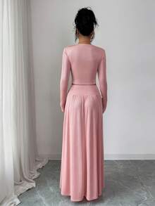 Elenzga Damska elegancka moda, dojazdy do pracy, swobodna, wygodna, urocza, retro, minimalistyczna, ekskluzywna, romantyczna, świąteczna, delikatna, damska, długi rękaw, dekolt w serek, marszczona z przodu, węzeł skręcany, linia A, plisowana z przodu, kokarda, jednolity kolor, dzianina, brokat, dwuczęściowy zestaw