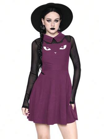 Cute Gothic Halloween Cat Graphic Print Dress For Women