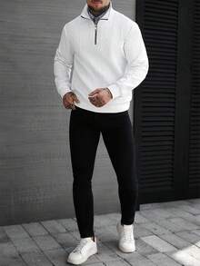 Manfinity CasualCool Men's Casual Solid Color Textured Sweatshirt,Men's Autumn New Solid White Minimalist Casual Zippered Pullover Sweatshirt,For Men,Versatile Items For Daily Commuting, Travel, Cable Knit Quarter Half Zip Sweatshirt Knitted Shirts For Men Mens Casual Wear Jumper For Men - White - View 3