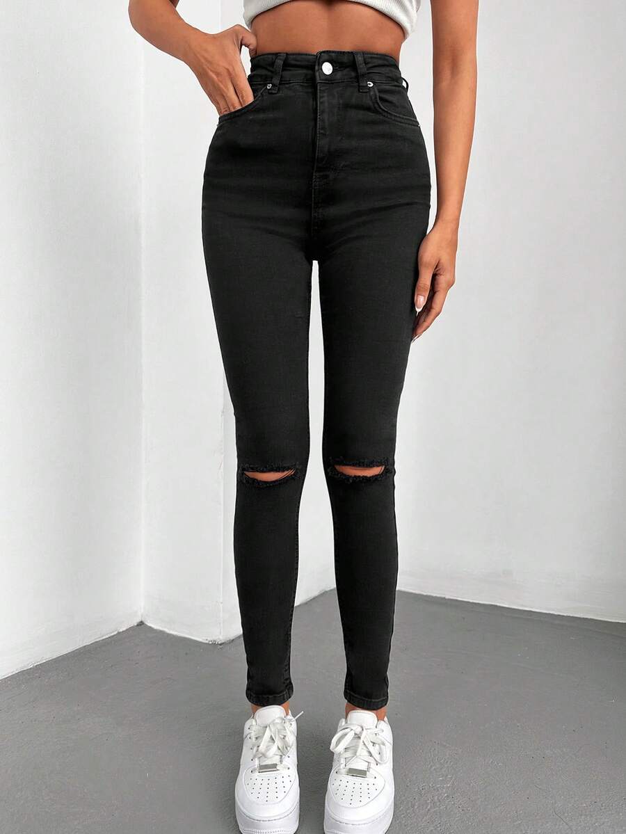 SHEIN Tall Women Tall High Waist Ripped Skinny Jeans - Black - View 1