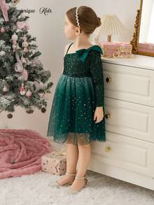 Glamorique Kids Vestido de fiesta elegante y glamoroso para niña con una sola manga de color verde oscuro con lentejuelas, lazo en la cintura, degradado de estrellas y lunas con brillo en malla multicapa - Verde Oscuro - Ver 6