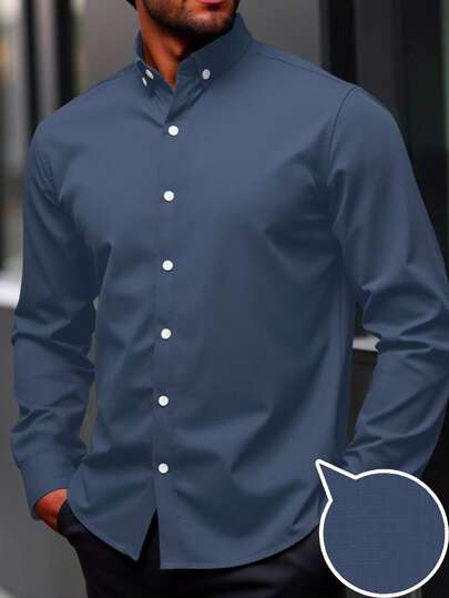 Manfinity Homme Plus Size Men's Solid Color Long Sleeve Single-Breasted Casual/Business Shirt Fitted Men Shirt Business Casual Shirts Navy Blue Dress Shirt Men Blue Designer Shirt