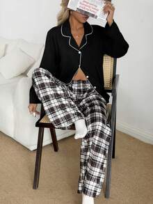 SHEIN Conjunto de pijama a cuadros con botones y cuello para mujer, ropa de otoño e invierno