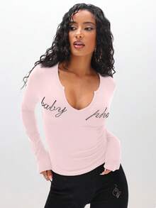 BABYPHAT Áo thun cổ chữ V tay dài đính đá pha lê ôm vừa vặn - Màu Hồng baby - Xem 2