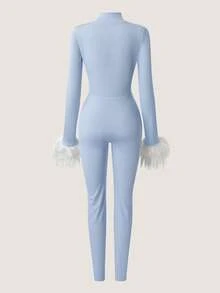 Chiquease 女士秋冬户外滑雪服，带拉链装饰的保暖紧身连体裤，浅蓝色 - 藍色 - 查看 2