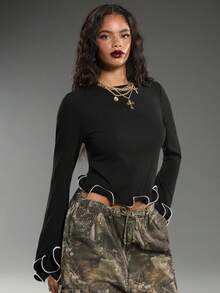 Normani Women's Ruffle Trim Round Neck Long Sleeve Fashion T-Shirt - Black - View 4