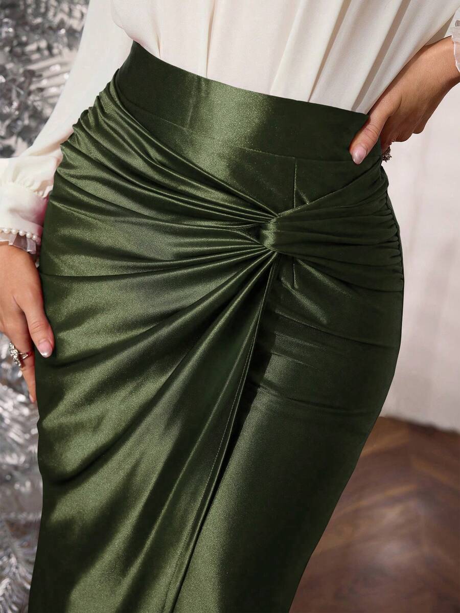 Modelyn Women's Elegant Knitted Elastic Satin Fabric Twist Drape Skirt - Olive Green - View 1