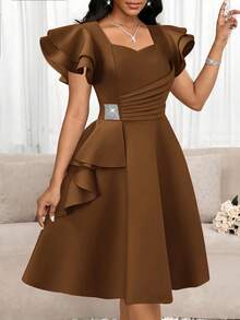 SHEIN Lady Vestido elegante de unicolor con volantes en el bajo y cintura con strass - Café integral - Ver 6