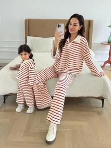 SHEIN Babygirl Cute Casual Versatile Striped Long Sleeve Polo Shirt & Elastic Waist Pants Set - Red - View 2