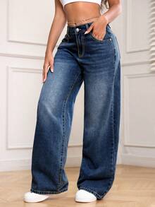 SHEIN PETITE Women's Pocket Loose Wide Leg Casual Versatile Denim Jeans - Dark Wash - View 3