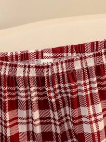 少女两件套睡衣套装 - 灰色长袖小熊图案上衣和酒红色/白色格子裤，舒适家居服 - 灰色 - 查看 4