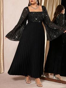 SHEIN Clasi Curvy Plus-Size Women's Black Elegant Formal Evening Dress,Autumn Shimmering Chiffon Square Neck Open Sleeve Pleated Hem Fitted Waist Party Ball Gown - Black - View 4