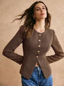 Poéselle 秋冬季人字纹粗花呢金属纽扣收腰长袖外套，内衬精致，金色纽扣，下摆开衩。 - 巧克力棕 - 查看 1