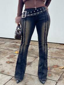 NegzBox Women's Low Waist Flare Leg Jeans With Sun-Shaped Buckle And Eyelets, Black Denim Pants - Black - View 6