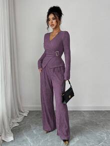 Elenzga Bộ 2 món áo dài tay cổ chữ V tối giản màu trơn và quần dài cho nữ, trang phục thường ngày - Màu tím - Xem 4