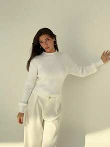 Aloruh Pulover vintage pentru femei cu guler înalt, mâneci tip liliac, talie strânsă, pulover gros tricotat, pentru toamnă/iarnă - alb - Vizualizare 6