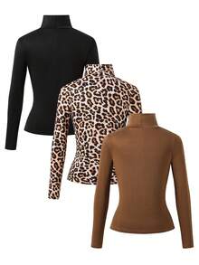 3pcs/Set Tween Girls Casual Cat Print Turtleneck Long Sleeve T-Shirts - Brown - View 2