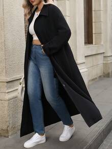 EMERY ROSE Plus Size Women Solid Color Woven Mid-Length Trench Coat - Black - View 1