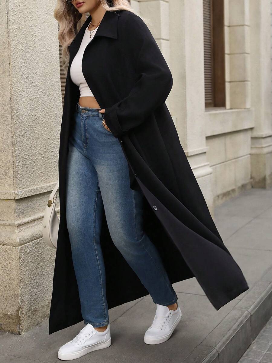 EMERY ROSE Plus Size Women Solid Color Woven Mid-Length Trench Coat - Black - View 1