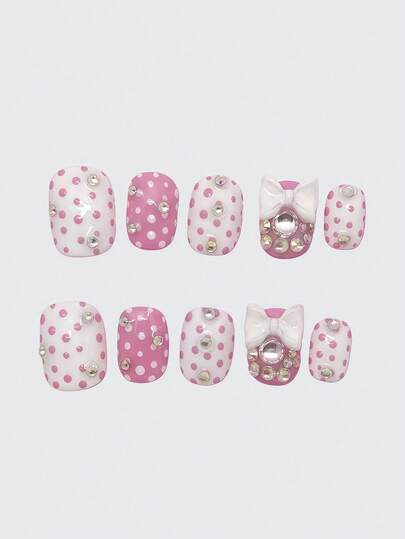 Kawaii Süße spitzenberandete romantische Herz-Ballerina-Stil Schleife weiße Flügel Metall Musiknote rosa Serie handgefertigte falsche Nageltips, massenproduzierten energischen Mädchentragen, geeignet für tägliche Ausflüge und Dates