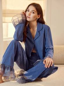 MOTF PREMIUM WOMEN'S SPRING/AUTUMN PATCHWORK SHEER MESH RUFFLE SLEEVE TEXTURED FABRIC LAPEL COLLAR LONG SLEEVE TOP AND FLARE LEG PANTS PAJAMA SET - Blue - View 1