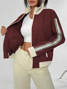 Flirla Áo khoác dài tay có khóa kéo màu tương phản thường ngày dành cho nữ - Màu Đỏ Sâu - Xem 6