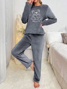 熊图案刺绣法兰绒长袖上衣和长裤睡衣套装，蓬松冬装 - 淺灰紫 - 查看 3