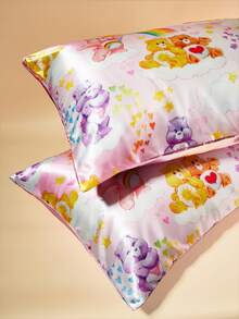 SHEIN X Care Bears 2 件可爱卡通图案枕套，紫色/粉色，缎纹面料，舒适凉爽，彩虹、云朵、泰迪熊印花 - 彩色 - 查看 10