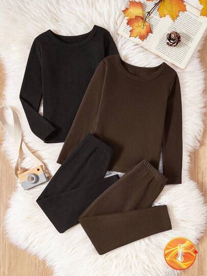 SHEIN Genkimix Kids 2pcs Young BoySoft Fleece Long Sleeve Top And Pants Underwear Set