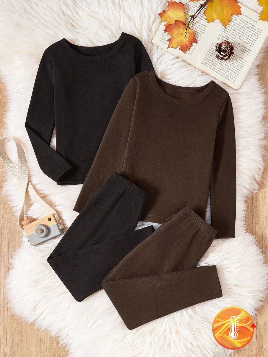 SHEIN Genkimix Kids 男童两件套柔软抓绒长袖上衣和裤子内衣套装 - 彩色 - 查看 1