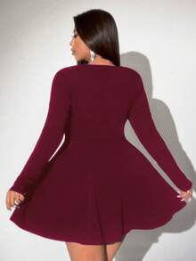 Viva Relle 大码女式性感深V领镂空宽松A字长袖纯色时尚百搭迷你连衣裙 - 酒紅色 - 查看 7