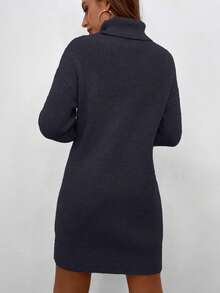 Rafferiza Gaun Rajut Kasual Wanita Warna Polos Kerah Tinggi Bahu Longgar Lengan Panjang, Musim Gugur/Dingin - Dark Grey - View 2