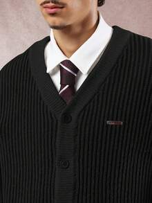 SUMWON 短款罗纹纽扣开衫 V 领长袖针织毛衣 秋冬季叠穿必备单品 - 黑色 - 查看 4