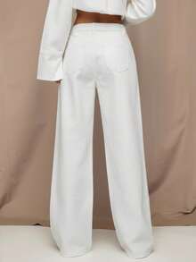 SHEIN BAE Quần jean ống rộng dáng rộng đơn giản, nhiều màu, dáng suông, cạp chun, thời trang đường phố dành cho nữ - trắng - Xem 2