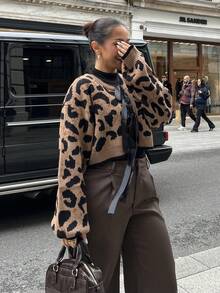 NegzBox Cardigan Motif Leopard dan Pita Gaya Y2K untuk Musim Gugur, Atasan Lengan Panjang - MultiWarna - View 6